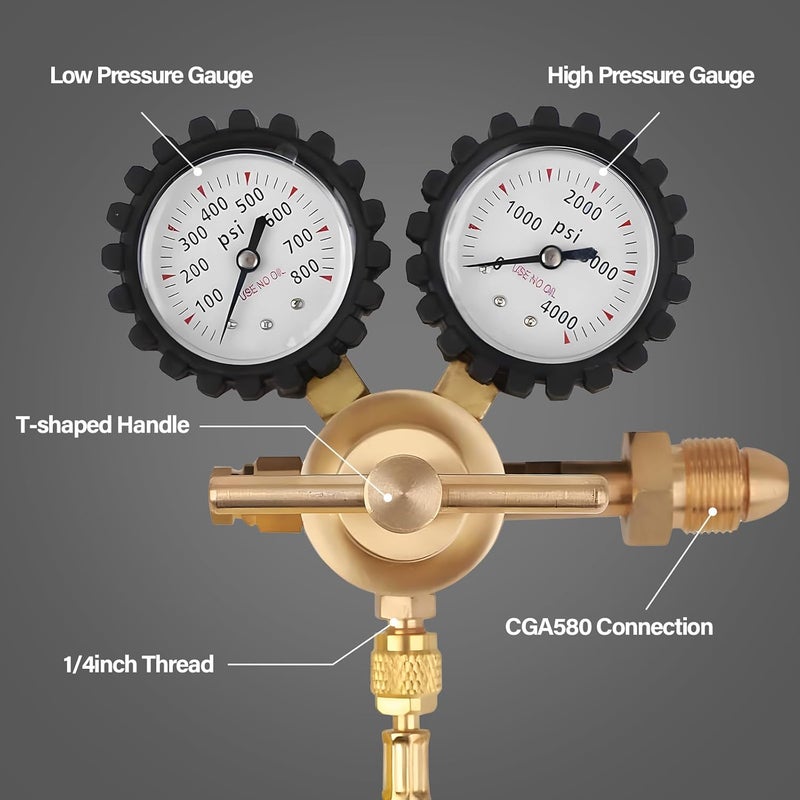 Tutor Auto Nitrogen Regulator with 0-800 PSI Delivery Pressure, 60" Hose CGA580 Inlet Connection and 1/4'' Male Flare Outlet Connection - Image 2